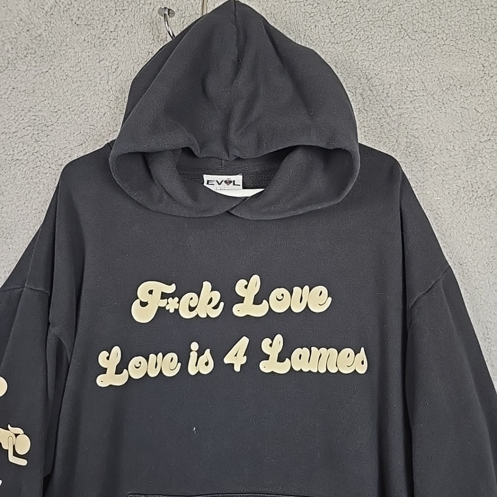 Vintage EVOL Love Is For Lames Black and White Hoodie Size XL - Picture 2 of 16